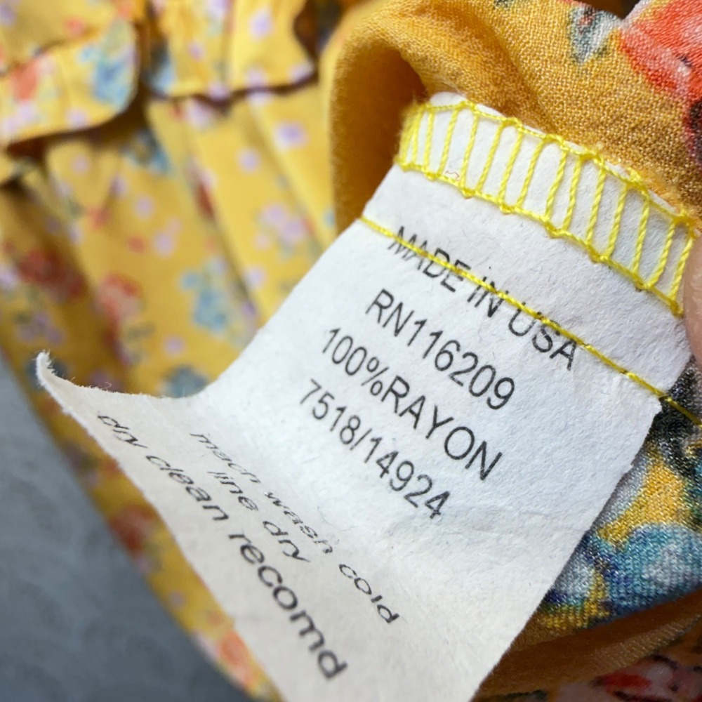 Velvet Torch Mini Dress Women XL Yellow Floral Ruffle Puff Sleeve Keyhole Back - Picture 7 of 9